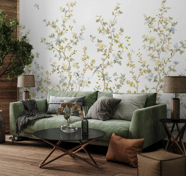 Chinoiserie Floral Blossoms Wall Mural, White Botanical Tree Flowers Wallpaper, Custom Size Wall Covering, Non - Woven, Non - Adhesive, Removable, Washable - Adawall Wallpaper - Registered Trade Accounts Only, Wallpaper Wholesale Account - FJ303-1 - Adawall Wholesale - Wallpaper Wholesaler