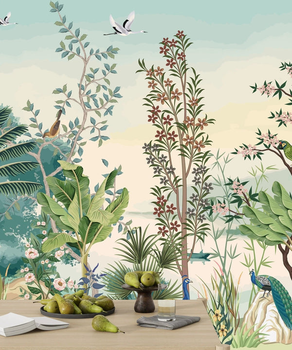 Chinoiserie Wallpaper, Floral Trees and Birds Mural, Oversized Custom Size Wall Art, Non - Woven, Non - Adhesive, Modern Wall Paper, Removable - Adawall Wallpaper - Registered Trade Accounts Only, Wallpaper Wholesale Account - W77708 - Adawall Wholesale - Wallpaper Wholesaler