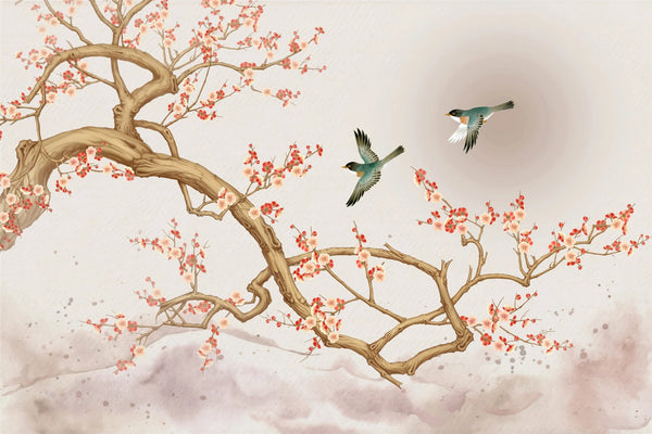 Chinoiserie Wallpaper, Tree and Birds Mural, Oversized Custom Size Wall Art, Non - Woven, Non - Adhesive, Modern Wall Paper, Removable - Adawall Wallpaper - Registered Trade Accounts Only, Wallpaper Wholesale Account - W78158 - Adawall Wholesale - Wallpaper Wholesaler