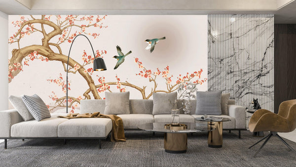 Chinoiserie Wallpaper, Tree and Birds Mural, Oversized Custom Size Wall Art, Non - Woven, Non - Adhesive, Modern Wall Paper, Removable - Adawall Wallpaper - Registered Trade Accounts Only, Wallpaper Wholesale Account - W78158 - Adawall Wholesale - Wallpaper Wholesaler