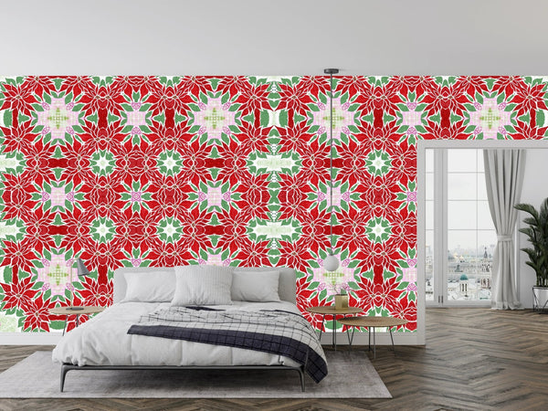 Christmas Poinsettia Retro Wallpaper, Seamless Pattern Mural, Oversized Custom Size Wall Art, Non - Woven, Non - Adhesive, Modern Wall Paper, Removable - Adawall Wallpaper - Registered Trade Accounts Only, Wallpaper Wholesale Account - W78032 - Adawall Wholesale - Wallpaper Wholesaler