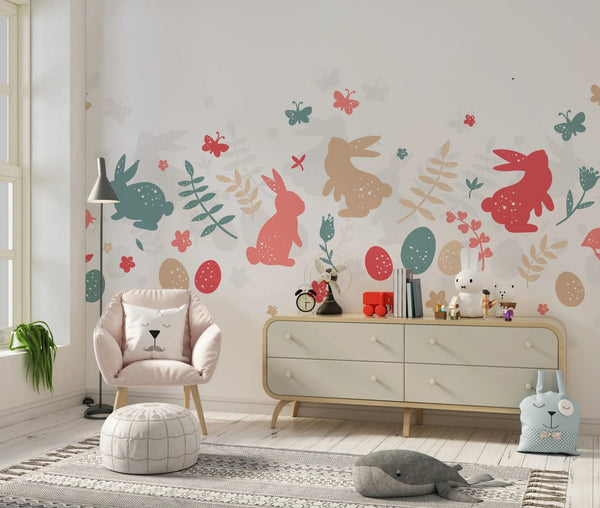 Colorful Bunnies Wallpaper, Seamless Pattern Mural, Oversized Custom Size Wall Art, Non - Woven, Non - Adhesive, Modern Wall Paper, Removable - Adawall Wallpaper - Registered Trade Accounts Only, Wallpaper Wholesale Account - W78019 - Adawall Wholesale - Wallpaper Wholesaler