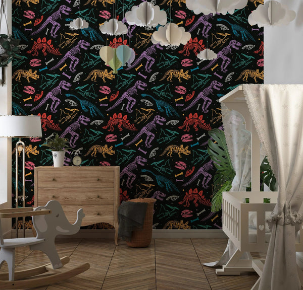 Colorful Dinosaur Skeletons Wallpaper, Seamless Pattern Mural, Oversized Custom Size Wall Art, Non - Woven, Non - Adhesive, Modern Wall Paper, Removable - Adawall Wallpaper - Registered Trade Accounts Only, Wallpaper Wholesale Account - W77552 - Adawall Wholesale - Wallpaper Wholesaler