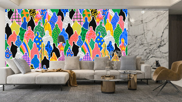 Colorful Diverse People Crowd Wallpaper, Seamless Pattern Mural, Oversized Custom Size Wall Art, Non - Woven, Non - Adhesive, Modern Wall Paper, Removable - Adawall Wallpaper - Registered Trade Accounts Only, Wallpaper Wholesale Account - W78203 - Adawall Wholesale - Wallpaper Wholesaler