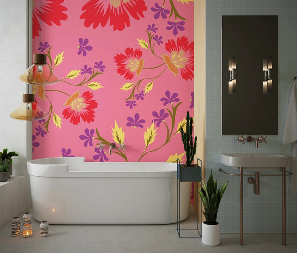 Colorful Floral, Pink Background Wallpaper, Seamless Pattern Mural, Oversized Custom Size Wall Art, Non - Woven, Non - Adhesive, Modern Wall Paper, Removable - Adawall Wallpaper - Registered Trade Accounts Only, Wallpaper Wholesale Account - W78008 - Adawall Wholesale - Wallpaper Wholesaler