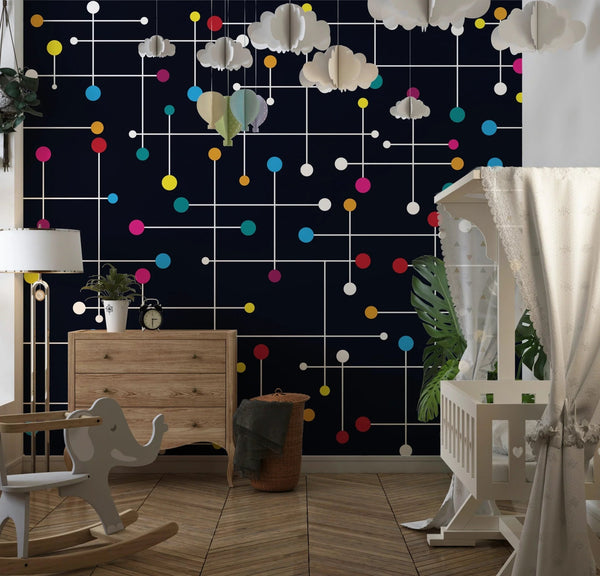 Colorful Lines, Dots Wallpaper, Black Background Mural, Oversized Custom Size Wall Art, Non - Woven, Non - Adhesive, Modern Wall Paper, Removable - Adawall Wallpaper - Registered Trade Accounts Only, Wallpaper Wholesale Account - W77633 - Adawall Wholesale - Wallpaper Wholesaler