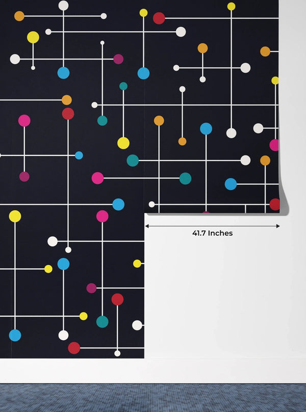 Colorful Lines, Dots Wallpaper, Black Background Mural, Oversized Custom Size Wall Art, Non - Woven, Non - Adhesive, Modern Wall Paper, Removable - Adawall Wallpaper - Registered Trade Accounts Only, Wallpaper Wholesale Account - W77633 - Adawall Wholesale - Wallpaper Wholesaler