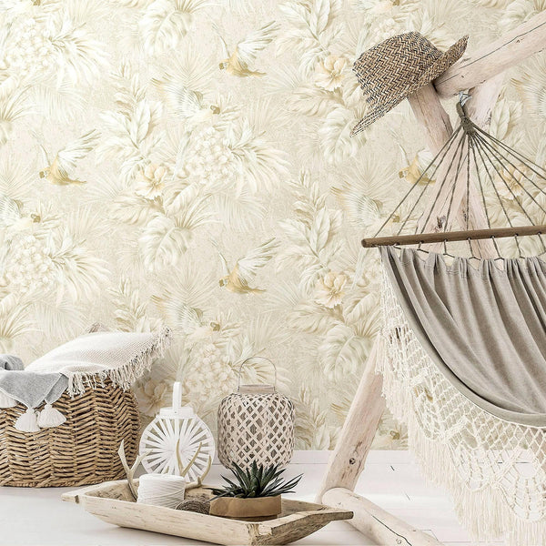 Cream Birds Deep Embossed Wallpaper, Stylish 3D Textured Tropical Plants Wallcovering - Adawall Wallpaper - Registered Trade Accounts Only, Wallpaper Wholesale Account - 9905-2 - Adawall Wholesale - Wallpaper Wholesaler