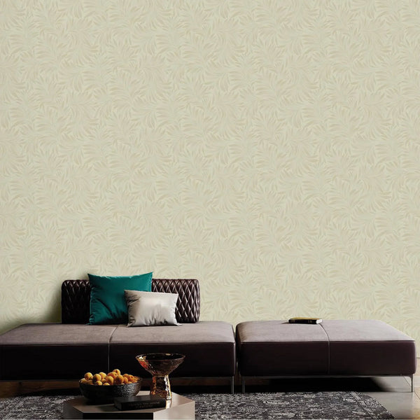 Cream Luxury Leaves Solid Color Shades Wallpaper, Deep Embossed Flocked Velvet Feeling Design - Walloro High End Wallcoverings & More