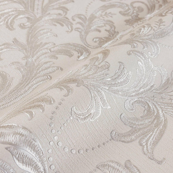Cream, Silver Luxury 3D Damask Wallpaper, Premium Sparkling Velvet Feeling Flocked Wallcovering - Walloro High End Wallcoverings & More