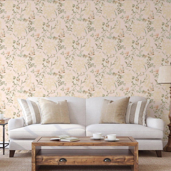 Cream Timeless Floral Embossed Rose Wallpaper, Flocked Vivid Color Rose Flowers Pattern - Walloro High End Wallcoverings & More