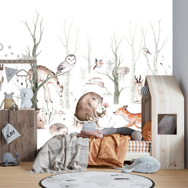 Cute Animals, Trees Wallpaper, White Background Mural, Oversized Custom Size Wall Art, Non - Woven, Non - Adhesive, Modern Wall Paper, Removable - Adawall Wallpaper - Registered Trade Accounts Only, Wallpaper Wholesale Account - W77652 - Adawall Wholesale - Wallpaper Wholesaler