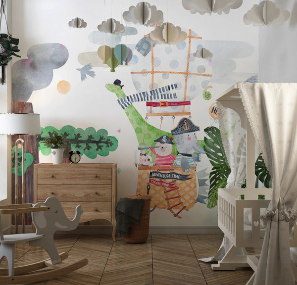 Cute Animals Wallpaper, Travelling by Balloon Mural, Oversized Custom Size Wall Art, Non - Woven, Non - Adhesive, Modern Wall Paper, Removable - Adawall Wallpaper - Registered Trade Accounts Only, Wallpaper Wholesale Account - W77942 - Adawall Wholesale - Wallpaper Wholesaler