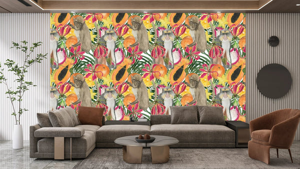 Cute Monkey, Exotic Fruits Wallpaper, Seamless Pattern Mural, Oversized Custom Size Wall Art, Non - Woven, Non - Adhesive, Modern Wall Paper, Removable - Adawall Wallpaper - Registered Trade Accounts Only, Wallpaper Wholesale Account - W77811 - Adawall Wholesale - Wallpaper Wholesaler