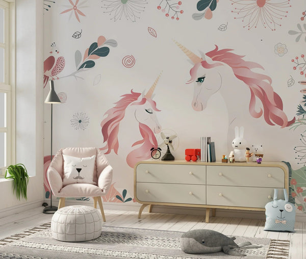 Cute Unicorns Wallpaper, Floral Mural, Oversized Custom Size Wall Art, Non - Woven, Non - Adhesive, Modern Wall Paper, Removable - Adawall Wallpaper - Registered Trade Accounts Only, Wallpaper Wholesale Account - W77783 - Adawall Wholesale - Wallpaper Wholesaler