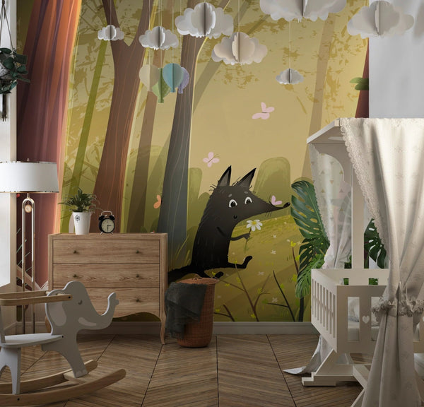 Cute Wild Forest Wallpaper, Wolf and Bunnies Mural, Oversized Custom Size Wall Art, Non - Woven, Non - Adhesive, Modern Wall Paper, Removable - Adawall Wallpaper - Registered Trade Accounts Only, Wallpaper Wholesale Account - W78113 - Adawall Wholesale - Wallpaper Wholesaler