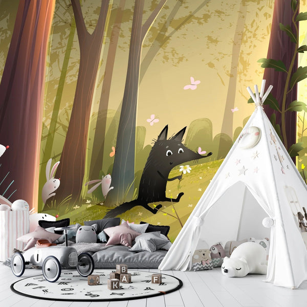 Cute Wild Forest Wallpaper, Wolf and Bunnies Mural, Oversized Custom Size Wall Art, Non - Woven, Non - Adhesive, Modern Wall Paper, Removable - Adawall Wallpaper - Registered Trade Accounts Only, Wallpaper Wholesale Account - W78113 - Adawall Wholesale - Wallpaper Wholesaler