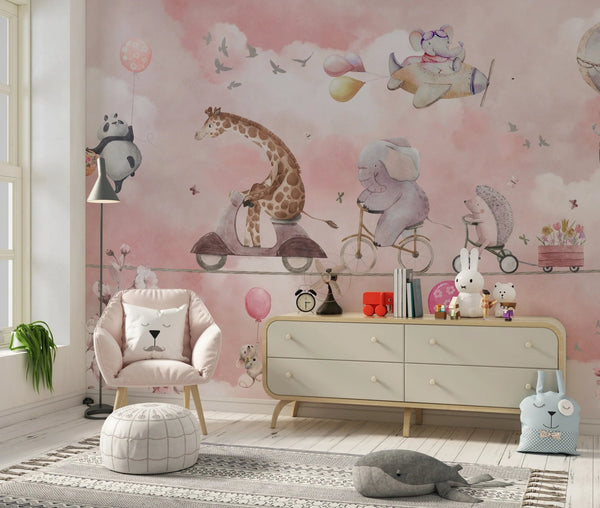 Cycling Animals with Balloons Wallpaper, Watercolor Mural, Oversized Custom Size Wall Art, Non - Woven, Non - Adhesive, Modern Wall Paper, Removable - Adawall Wallpaper - Registered Trade Accounts Only, Wallpaper Wholesale Account - W77781 - Adawall Wholesale - Wallpaper Wholesaler