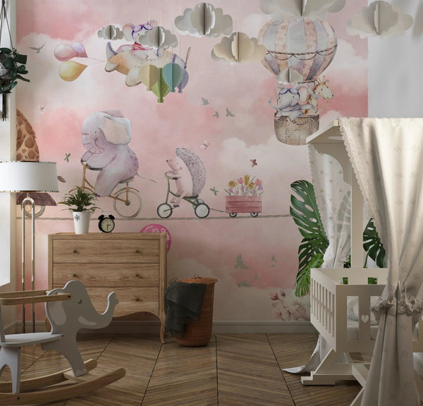 Cycling Animals with Balloons Wallpaper, Watercolor Mural, Oversized Custom Size Wall Art, Non - Woven, Non - Adhesive, Modern Wall Paper, Removable - Adawall Wallpaper - Registered Trade Accounts Only, Wallpaper Wholesale Account - W77781 - Adawall Wholesale - Wallpaper Wholesaler