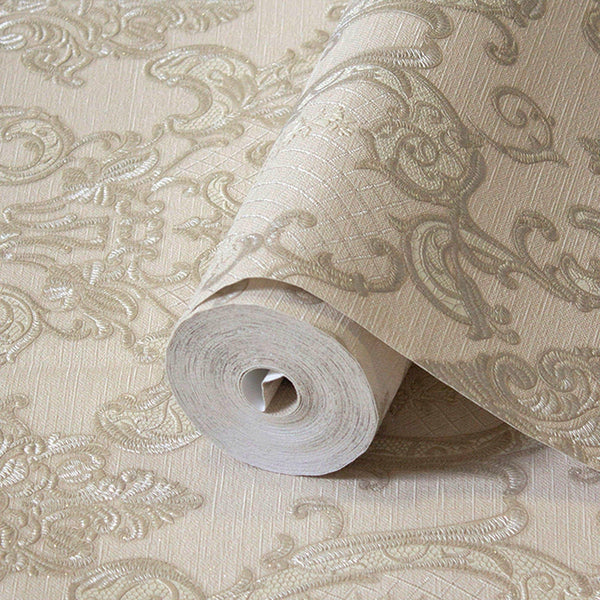 Damask Flocked Velvet Feel Wallpaper, Cream Deep 3D Embossed Quilted Texture Luxury Wallcovering, Non - Woven - Adawall Wallpaper - Registered Trade Accounts Only, Wallpaper Wholesale Account - 1411-2 - Adawall Wholesale - Wallpaper Wholesaler