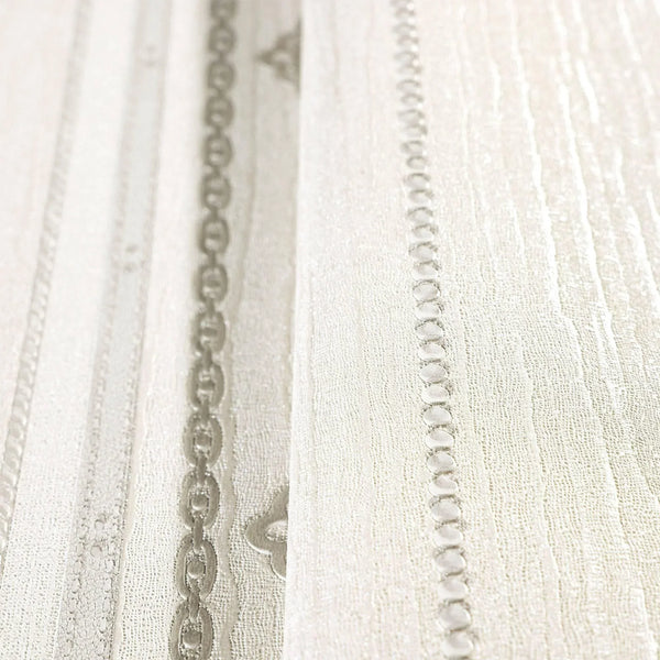 Decorative Striped Embossed Wallpaper, White, Silver 3D Boho Art Deco Ornate Home Wall Decor, Washable - Walloro High End Wallcoverings & More
