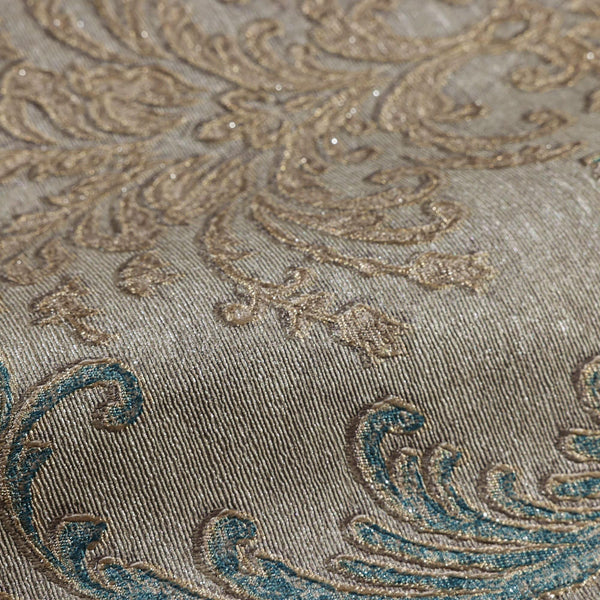 Deep Embossed Sparkling Damask Wallpaper, Stylish Brown Blue Glittering Luxury Fabric Feel Vivid Colors, Home Commercial Use, Easy Clean, Water Resistant - Walloro High End Wallcoverings & More