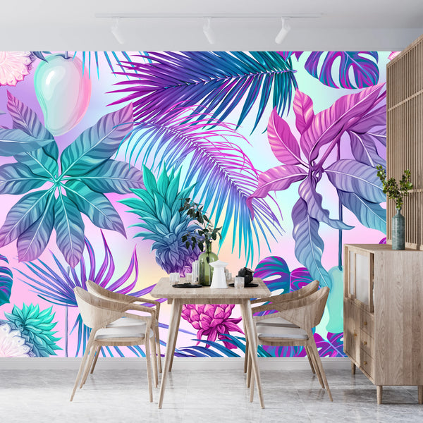 Pink and Blue Tropical Plants Wallpaper, Seamless Pattern Mural, Oversized Custom Size Wall Art, Non-Woven, Non-Adhesive, Modern Wall Paper, Removable