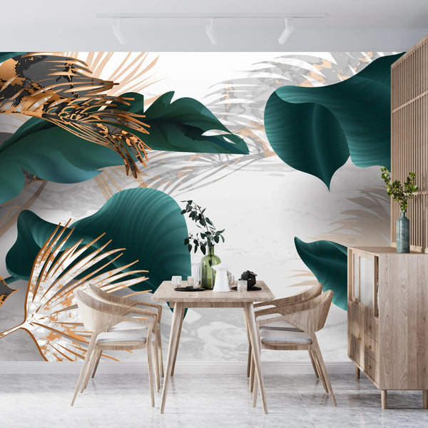 Palm Leaves Wallpaper, Gold, Marble Mural, Oversized Custom Size Wall Art, Non-Woven, Non-Adhesive, Modern Wall Paper, Removable