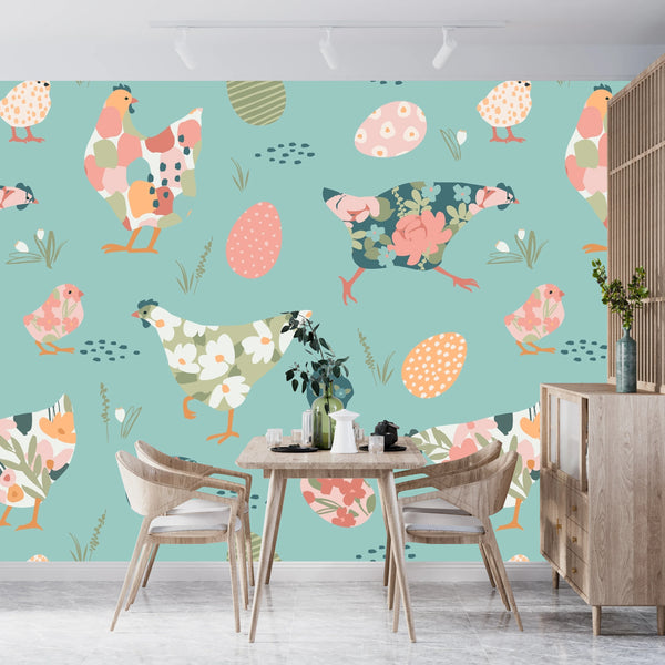 Chickens with Abstract Flowers Wallpaper, Seamless Pattern Mural, Oversized Custom Size Wall Art, Non-Woven, Non-Adhesive, Modern Wall Paper, Removable