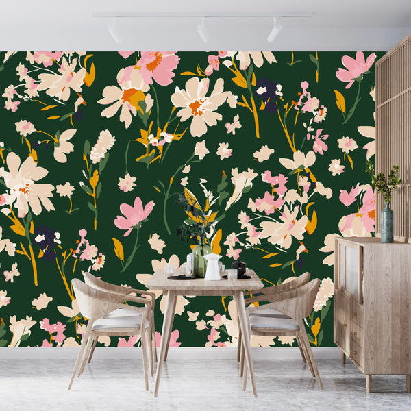 Hand Drawn Floral Wallpaper, Seamless Pattern Mural, Oversized Custom Size Wall Art, Non-Woven, Non-Adhesive, Modern Wall Paper, Removable