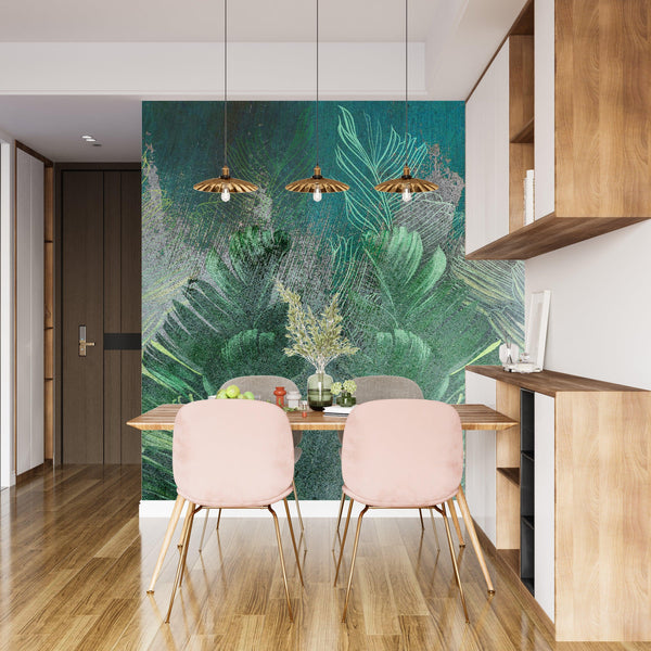 Tropical Leaves Wallpaper, Floral Background Mural, Oversized Custom Size Wall Art, Non-Woven, Non-Adhesive, Modern Wall Paper, Removable