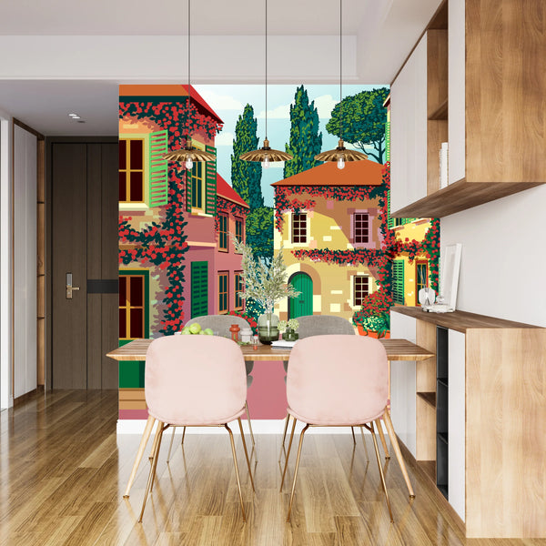 Village Square Wallpaper, Traditional Houses, Potted Flowers Mural, Oversized Custom Size Wall Art, Non-Woven, Non-Adhesive, Modern Wall Paper, Removable