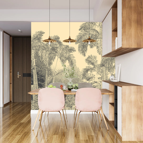 Tropical Trees Wallpaper, Foggy Forest Mural, Oversized Custom Size Wall Art, Non-Woven, Non-Adhesive, Modern Wall Paper, Removable