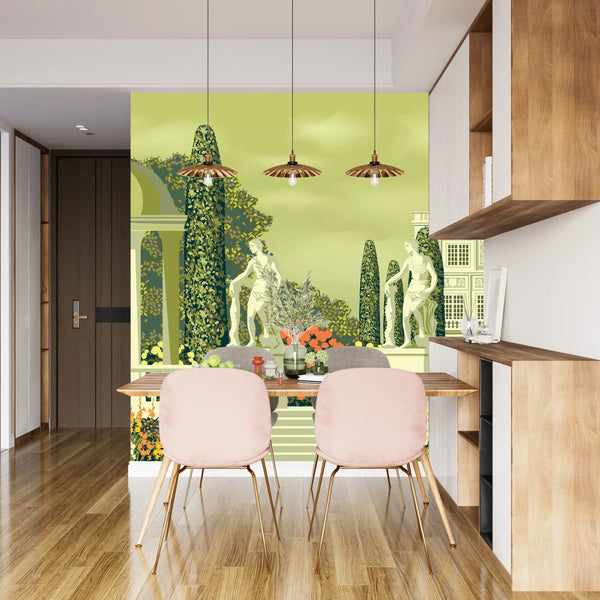 Flower Garden Wallpaper, Country House and Statues Mural, Oversized Custom Size Wall Art, Non-Woven, Non-Adhesive, Modern Wall Paper, Removable