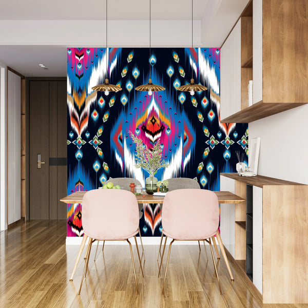 Ikat Ethnic Wallpaper, Abstract Tribal Mural, Oversized Custom Size Wall Art, Non-Woven, Non-Adhesive, Modern Wall Paper, Removable