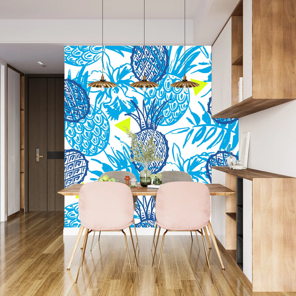 Tropical Design, Blue Wallpaper, Seamless Pattern Mural, Oversized Custom Size Wall Art, Non-Woven, Non-Adhesive, Modern Wall Paper, Removable