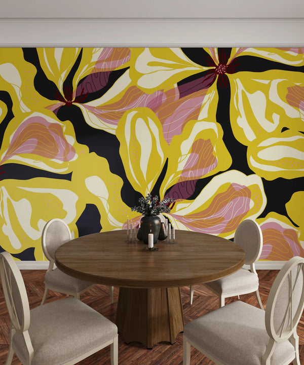 Abstract Yellow Flowers Wallpaper, Seamless Pattern Mural, Oversized Custom Size Wall Art, Non-Woven, Non-Adhesive, Modern Wall Paper, Removable