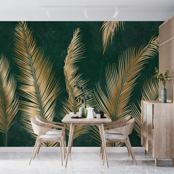 Golden Palm Leaves Wallpaper, Luxury Dark Green Art Background Mural, Oversized Custom Size Wall Art, Non-Woven, Non-Adhesive, Modern Wall Paper, Removable