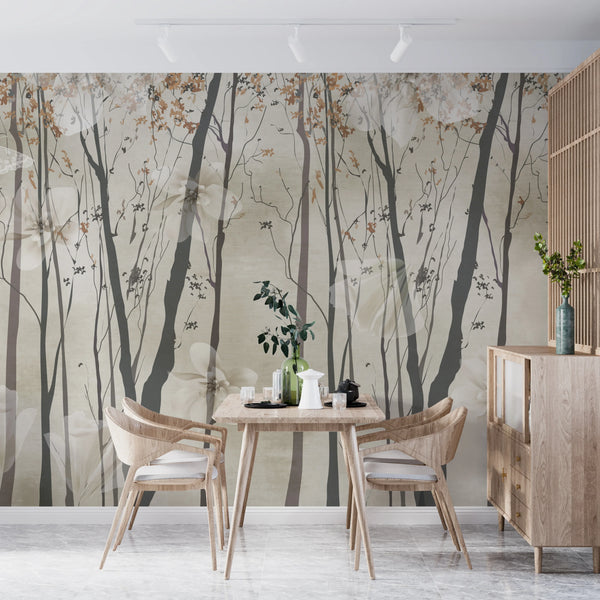 Brown Floral Wallpaper, Trees Mural, Oversized Custom Size Wall Art, Non-Woven, Non-Adhesive, Modern Wall Paper, Removable