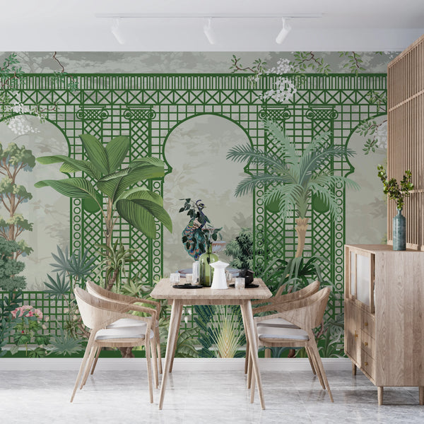 Garden and Peacock Wallpaper,Botanic and Lattice Wall Mural, Oversized Custom Size Wall Art, Non-Woven, Non-Adhesive, Modern Wall Paper, Removable