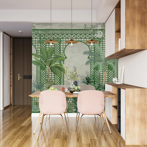 Garden and Peacock Wallpaper,Botanic and Lattice Wall Mural, Oversized Custom Size Wall Art, Non-Woven, Non-Adhesive, Modern Wall Paper, Removable