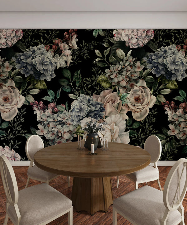 Floral Wallpaper, Dark Background Mural, Oversized Custom Size Wall Art, Non-Woven, Non-Adhesive, Modern Wall Paper, Removable