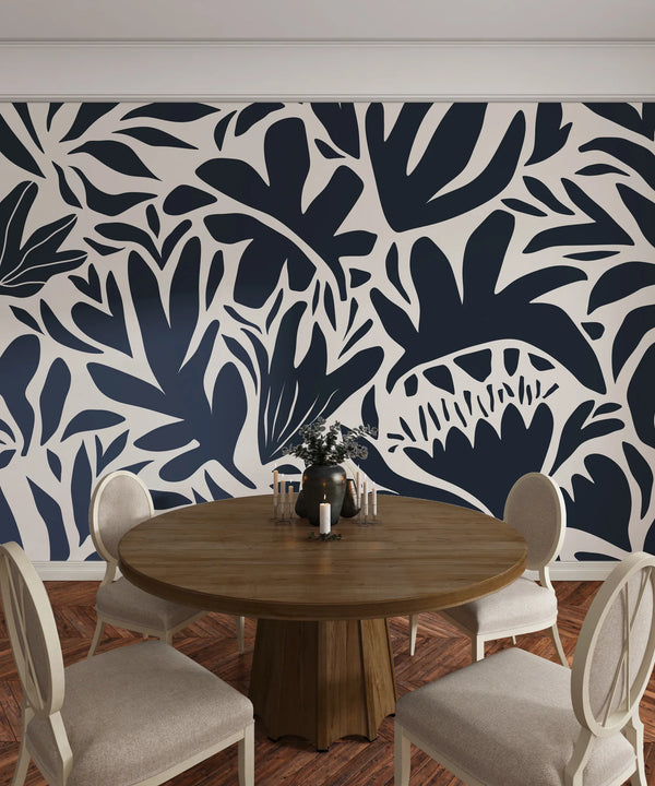 Leaf and Flower Pattern Wallpaper, Minimal Abstract Mural, Oversized Custom Size Wall Art, Non-Woven, Non-Adhesive, Modern Wall Paper, Removable