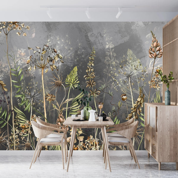 Dried Flowers Wallpaper, Grey Background Mural, Oversized Custom Size Wall Art, Non - Woven, Non - Adhesive, Modern Wall Paper, Removable - Adawall Wallpaper - Registered Trade Accounts Only, Wallpaper Wholesale Account - W77989 - Adawall Wholesale - Wallpaper Wholesaler