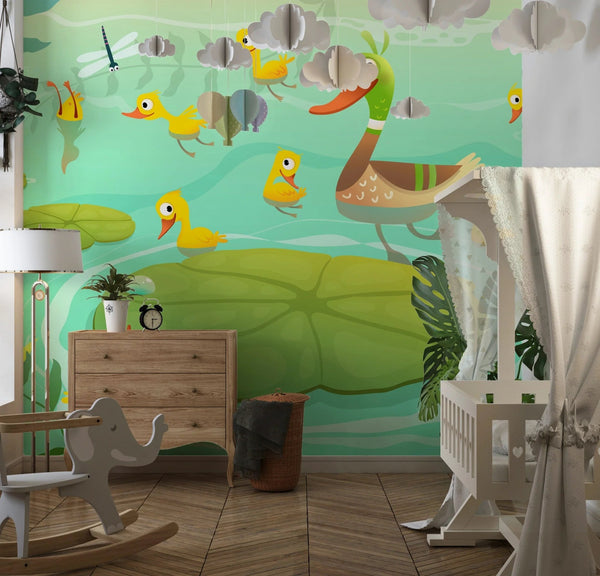 Duck Family Wallpaper, Lake Mural, Oversized Custom Size Wall Art, Non - Woven, Non - Adhesive, Modern Wall Paper, Removable - Adawall Wallpaper - Registered Trade Accounts Only, Wallpaper Wholesale Account - W78133 - Adawall Wholesale - Wallpaper Wholesaler