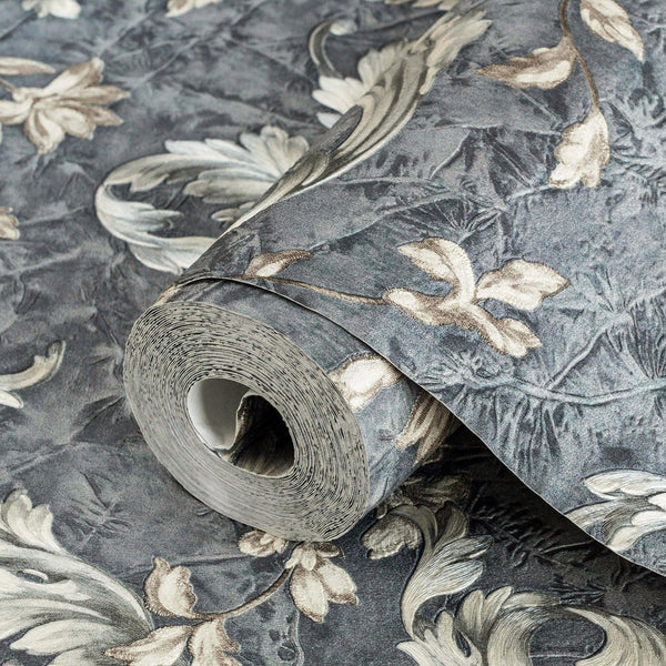 Elegant Blue White Flowered Embossed Wallpaper, Home Wall Decor, Aesthetic Wallpaper, Textured Wallcovering Non-Adhesive- 41.7”W X 393”H - Walloro High End Wallcoverings & More