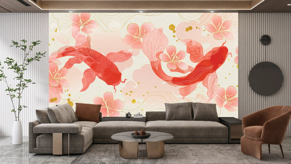 Elegant Koi Fishes Wallpaper, Luxury Chinese Mural, Oversized Custom Size Wall Art, Non - Woven, Non - Adhesive, Modern Wall Paper, Removable - Adawall Wallpaper - Registered Trade Accounts Only, Wallpaper Wholesale Account - W77928 - Adawall Wholesale - Wallpaper Wholesaler
