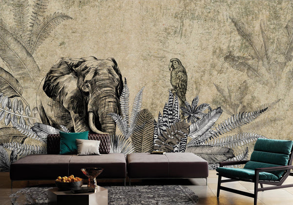 Elephant Jungle Wall Mural, Light Green Forest Animal Theme Wallpaper, Oversized Wall Art, Non - Woven, Non - Pasted, Removable, Exotic Wall Paper, Washable - Adawall Wallpaper - Registered Trade Accounts Only, Wallpaper Wholesale Account - A321-1 - Adawall Wholesale - Wallpaper Wholesaler