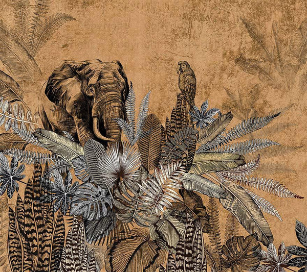 Elephant Jungle Wall Mural, Yellow Forest Animal Theme Wallpaper, Oversized Wall Art, Non-Woven, Non-Pasted, Removable, Exotic Wall Paper, Washable - Walloro High End Wallcoverings & More