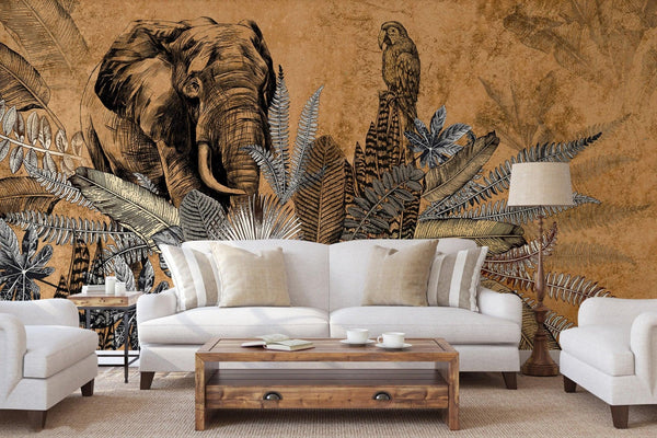 Elephant Jungle Wall Mural, Yellow Forest Animal Theme Wallpaper, Oversized Wall Art, Non - Woven, Non - Pasted, Removable, Exotic Wall Paper, Washable - Adawall Wallpaper - Registered Trade Accounts Only, Wallpaper Wholesale Account - A321-2 - Adawall Wholesale - Wallpaper Wholesaler